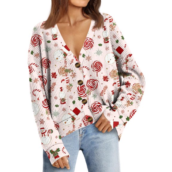 Women's Fashion Loose Knit Long Sleeve Christmas Print V-Neck Button Cardigan for Holiday Casual Wear and Comfortable Fit,White,M
