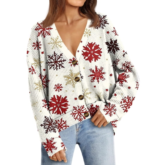 Women's Fashion Loose Knit Long Sleeve Christmas Print V-Neck Button Cardigan for Holiday Casual Wear and Comfortable Fit,White,S