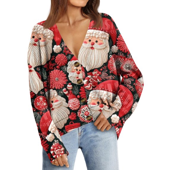 Women's Fashion Loose Knit Long Sleeve Christmas Print V-Neck Button Cardigan for Holiday Casual Wear and Comfortable Fit,Wine,2XL