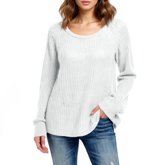 Women's Fashion Loose Lazy Style Round Neck Solid Color Long Sleeve Knitted Sweater, Comfortable and Relaxed Fit, Simple Solid Color Design, Perfect for Everyday Casual Wear,White,S