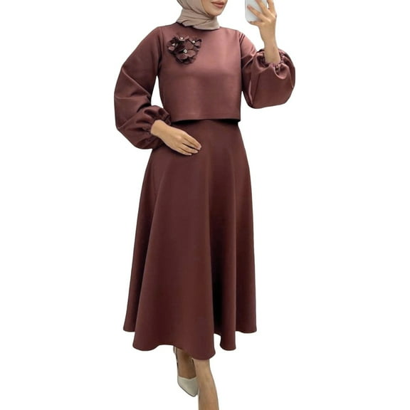 Women's Fashion Loose Long Sleeve Floral Top Dress Two Piece Set