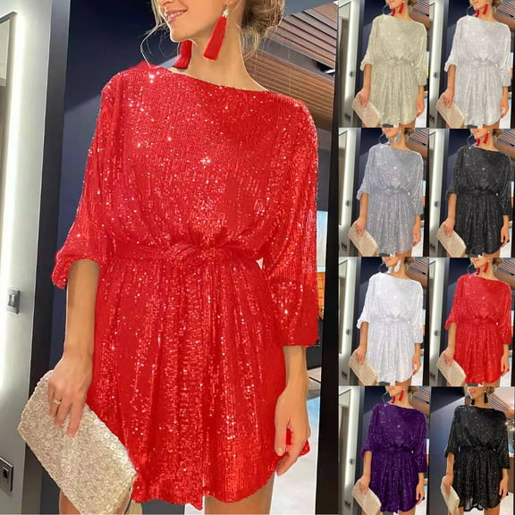 Women's Fashion Loose Long Sleeve Straight Sequin Glitter Beaded Cocktail Dress for Party and Evening Events in Spring and Autumn,Red,M