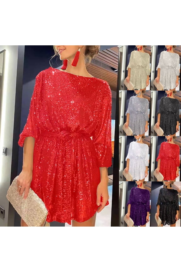 Women's Fashion Loose Long Sleeve Straight Sequin Glitter Beaded Cocktail Dress for Party and Evening Events in Spring and Autumn,Red,M