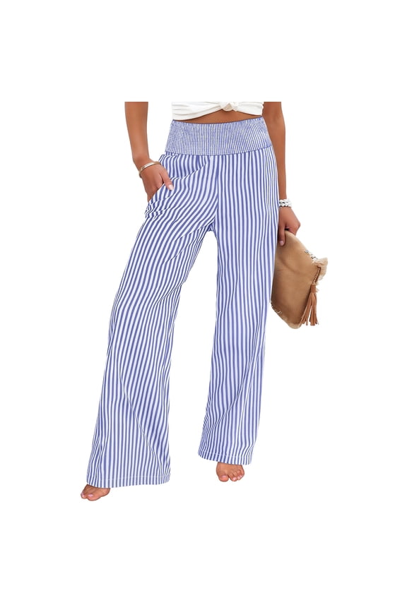 Women's Fashion Loose Pleated Elastic Waistband Pocket Striped Casual Pants for Modern and Relaxed Style,Blue,S