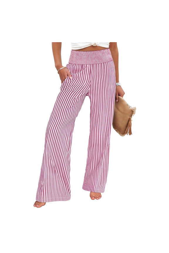 Women's Fashion Loose Pleated Elastic Waistband Pocket Striped Casual Pants for Modern and Relaxed Style,Pink,L