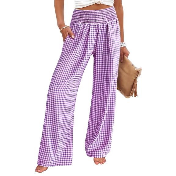Women's Fashion Loose Pleated Elastic Waistband Pocket Tartan Casual Pants for Classic and Comfortable Wear,Purple,S