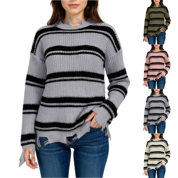 Women's Fashion Loose Winter Contrast Colorblock Striped Tassel Knitted Sweater for Fall and Winter, Stylish and Warm, Ideal for Cold Weather,Gray,Size S