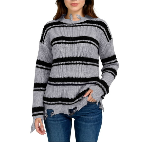 Women's Fashion Loose Winter Contrast Colorblock Striped Tassel Knitted Sweater, Stylish and Eye-Catching Design, Color Block with Stripes and Tassels, Comfortable for Winter Wear,Gray,S