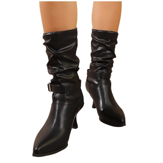 Women's Fashion Low Heel Slouchy Mid-Calf Boots Shoes Comfortable Casual Boots Women's Solid Color Pointed Toe Pull On Buckle Boots Leather