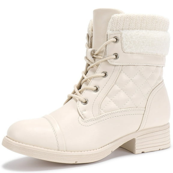 Women's Fashion Low Heel Warm Booties Winter Ankle Boots Lace-Up Combat Booties Beige White US 7
