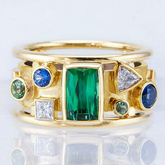 Women's Fashion Luxury Gold Color Geometric Colorful CZ Stone Band Rings