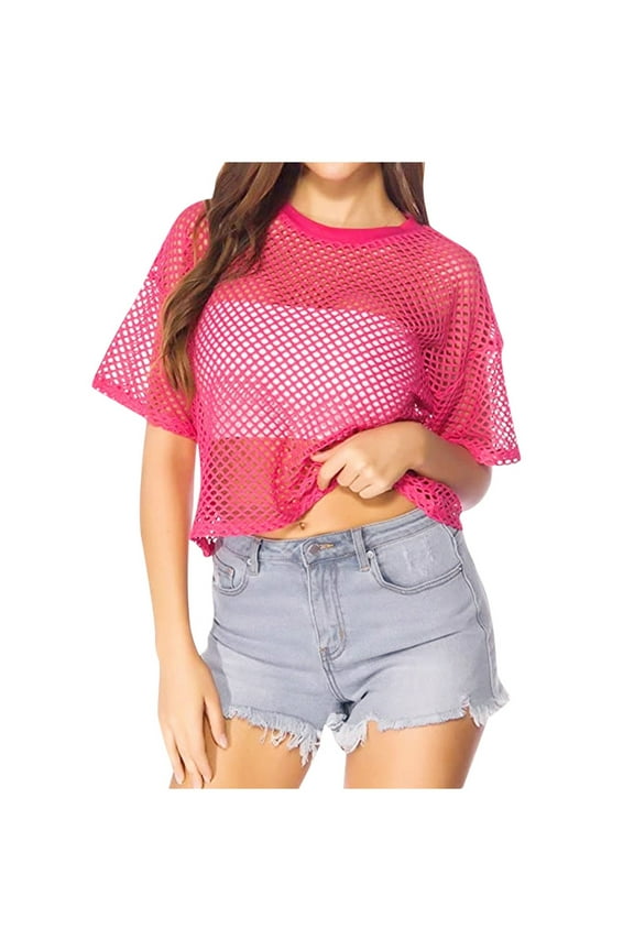 Women's Fashion Mesh Covering Smock Solid Color Short Sleeved T Shirt