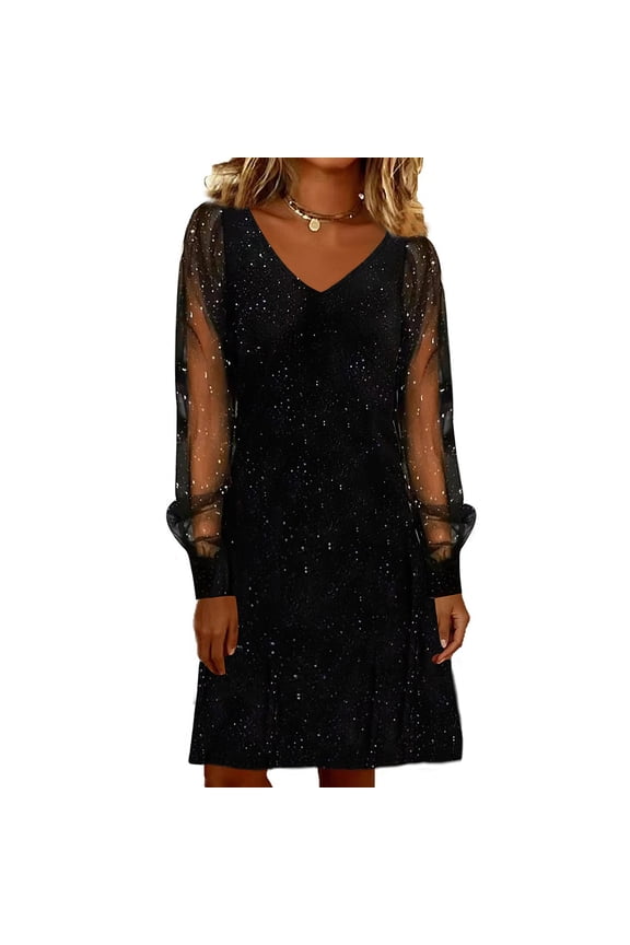 Women's Fashion Mesh Panel V Neck Long Sleeve Dress, Elegant Evening Dress for Party, Date Night, Sexy Sheer Inserts Design,Black 2XL
