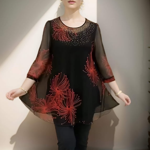 Women's Fashion Mesh T-shirt 3/4 Sleeves Elegant Blouse