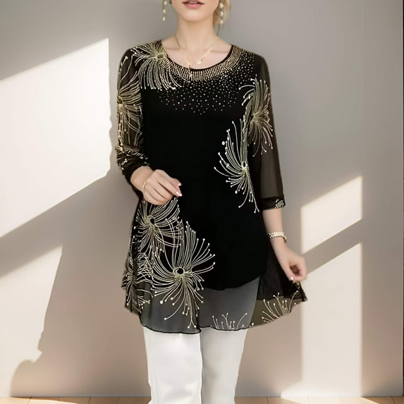 Women's Fashion Mesh T-shirt 3/4 Sleeves Elegant Blouse