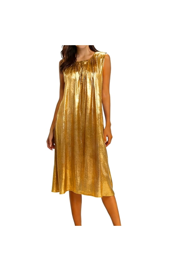 Women's Fashion Metallic Midi Dress Round Neck Ruched Sleeveless Loose Fit Dress Ideal for Wedding Guest and Special Occasions