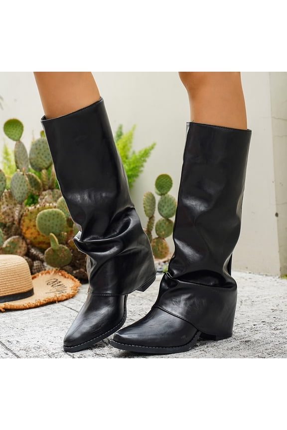 Women's Fashion Mid Calf Boots, Casual Solid Color Winter Boots, Comfortable Soft Material, Versatile Buckle Design, Mid Heel Knight Boots for Outdoor Fall Winter, Stylish Daily Wear Black A
