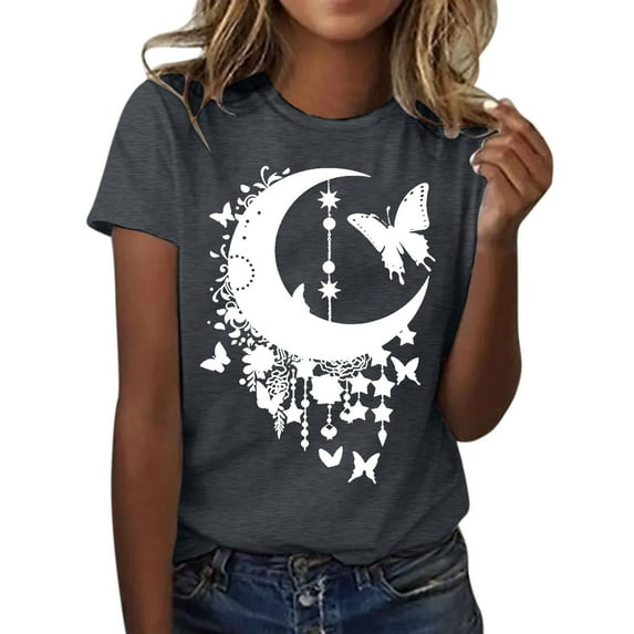 Women's Fashion Moon Print T-Shirt Casual Round Neck Short Sleeve Tee Soft Comfortable Breathable Stylish Top for Everyday Wear