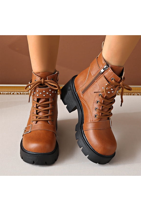 Women's Fashion Motorcycle Short Boots Square Toe Lace Up Rivet Ornament Double Buckle Strap Chunky Lug Sole High Block Heel Casual Ankle Booties