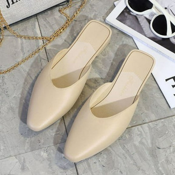 Women‘s Fashion Mule, Pointed Toe Flat Slip On Low Heel Sandals, Chic Indoor Outdoor Slides for Office, Summer, and Casual Chic Outfit Beige 37