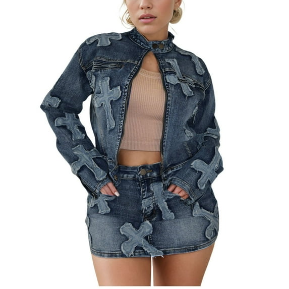 Women's Fashion Nightclub Party Sexy Embroidered Button Zipper Denim Skirt Short Skirt Jacket Set