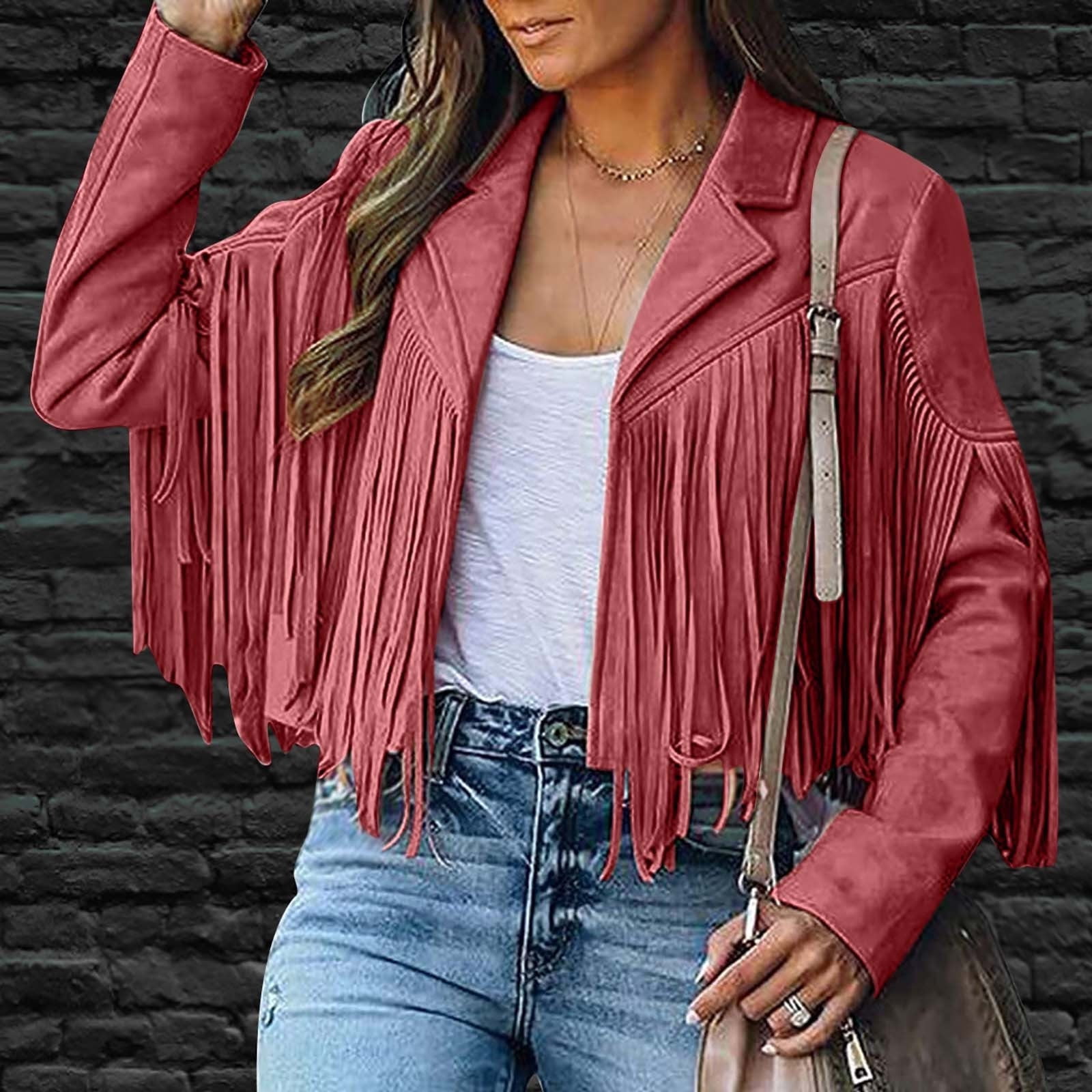 Women Faux Suede Fringe Jacket Western Tassel Cropped Jacket