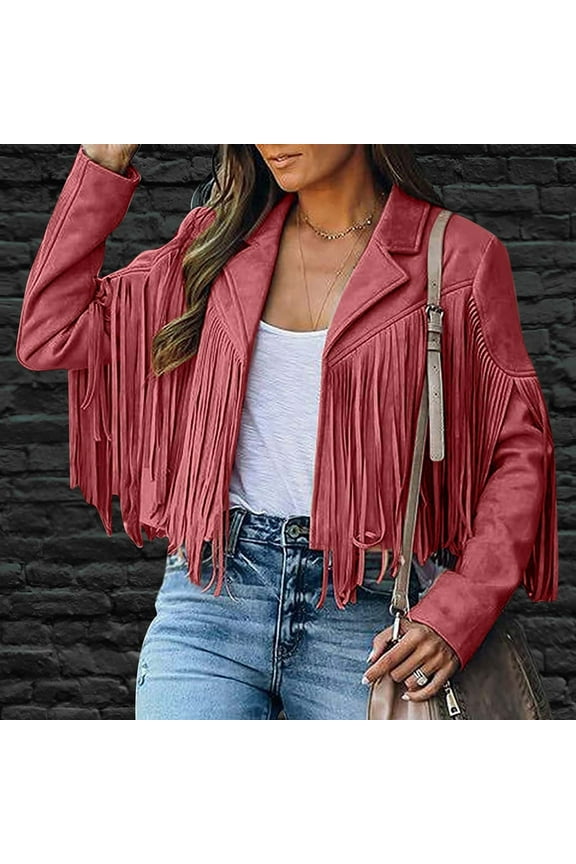 Women's Fashion Notched Collar Open-Front Fringed Performance Moto Faux Suede Leather Crop Jacket Coat Red S
