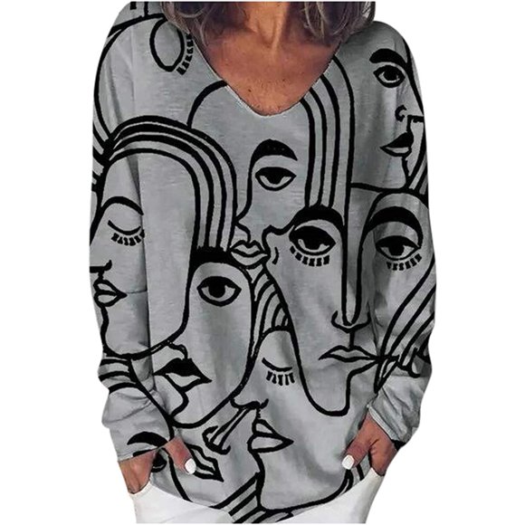 Women's Fashion O-Neck Abstract Print Long Sleeves Tops Blouse Gradient Shirts