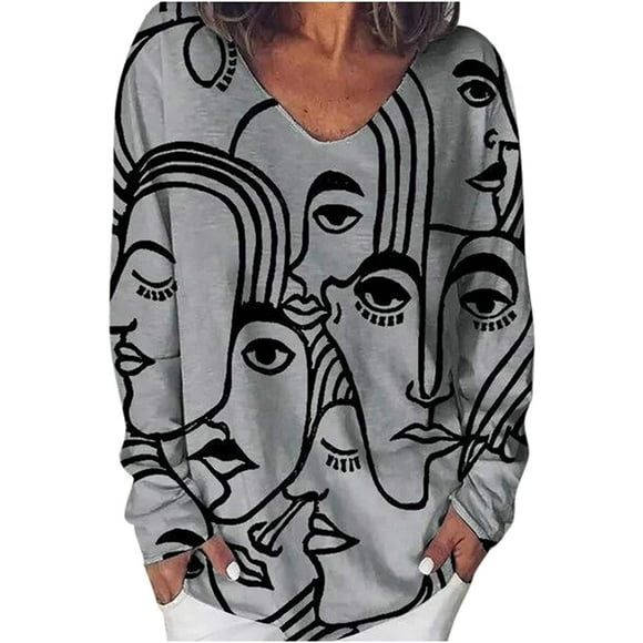 Women's Fashion O-Neck Abstract Print Long Sleeves Tops Blouse Gradient Shirts