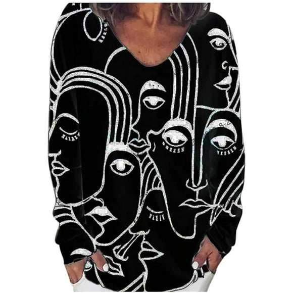 Women's Fashion O-Neck Abstract Print Long Sleeves Tops Blouse Gradient Shirts