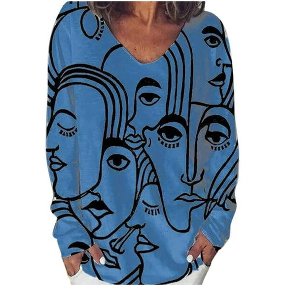 Women's Fashion O-Neck Abstract Print Long Sleeves Tops Blouse Gradient Shirts