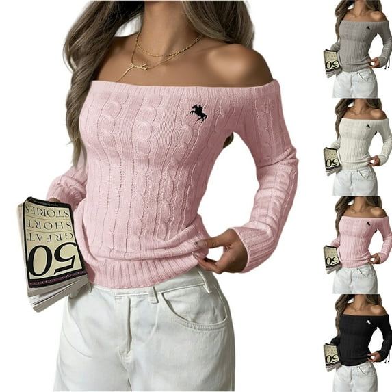 Women's Fashion Off-the-shoulder Solid Color Long-sleeved Sweater for Fall Winter Shoulder-Baring Style,Beige,L