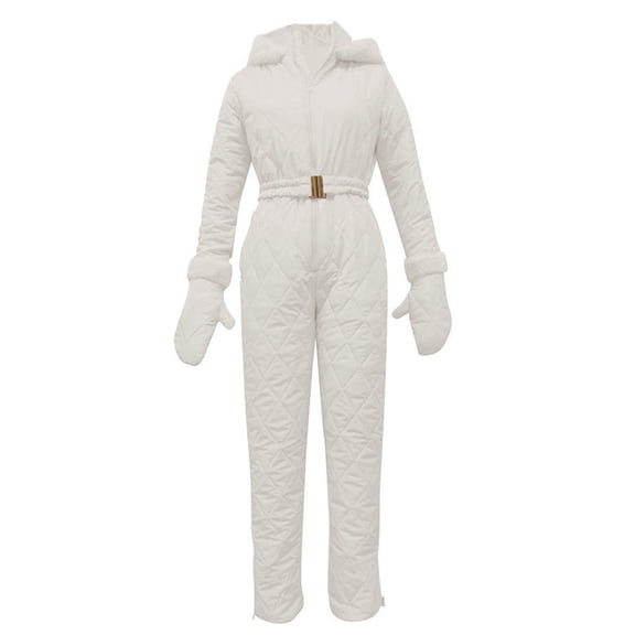 Women's Fashion One-Piece Zipper Hooded Ski Suit, White, Size M