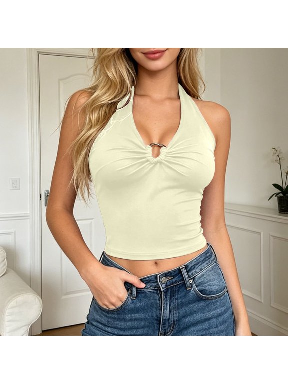 Women’s Fashion Open Back Lace Up Slim Fit Vest Top Light Yellow S