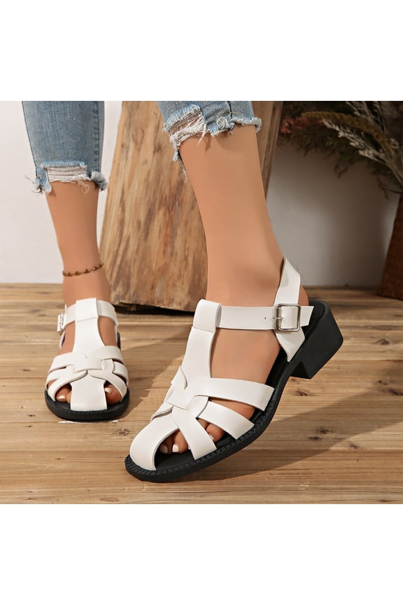 Women's Fashion Outdoor Sandals, Closed-Toe Flat Fisherman Sandals Lightweight Non-Slip Adjustable Hook & Loop Leather Wading Sandals for Summer Beach Casual Daily Wear, White 9