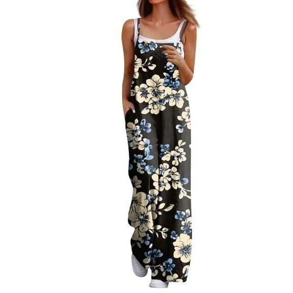 Women's Fashion Overalls Floral Print Wide Leg Jumpsuitt Casual Trendy Loose Spaghetti Strap Sleeveless Bib Overalls with Pockets