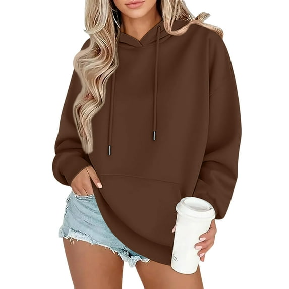 Women's Fashion Oversized Drop Shoulder Long Sleeve Sweatshirt Solid Color Hooded Sweatshirt for Casual Wear,Coffee,M