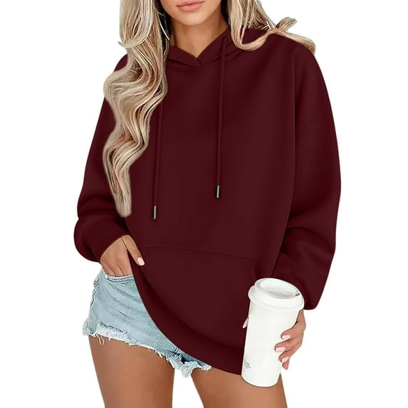 Women's Fashion Oversized Drop Shoulder Long Sleeve Sweatshirt Solid Color Hooded Sweatshirt for Casual Wear,Wine,M