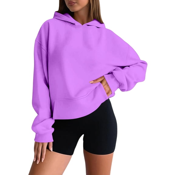 Women's Fashion Oversized Drop Shoulder Long Sleeve Sweatshirt Solid Color Hooded Sweatshirt for Comfortable Fit,Light Purple,S