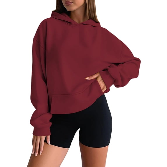 Women's Fashion Oversized Drop Shoulder Long Sleeve Sweatshirt Solid Color Hooded Sweatshirt for Comfortable Fit,Wine,M