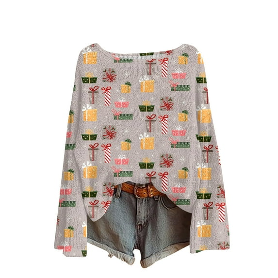 Women's Fashion Oversized Knitwear Long Sleeve Christmas Vintage Stripe Print Top Loose Fit Sweater for Holiday Fashion,Camel,S