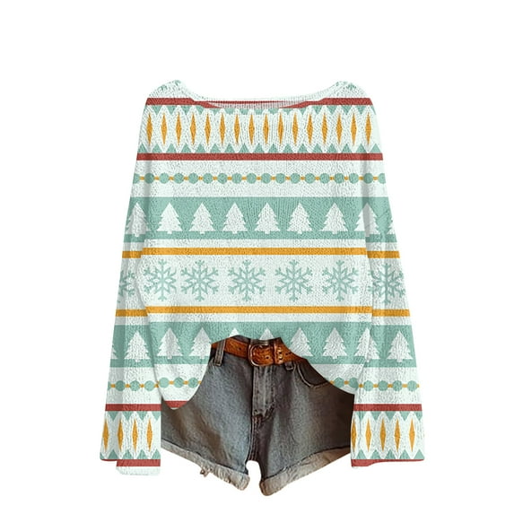 Women's Fashion Oversized Knitwear Long Sleeve Christmas Vintage Stripe Print Top Loose Fit Sweater for Holiday Fashion,Mint Green,M