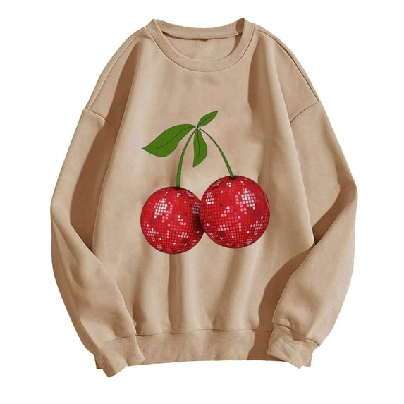 Women's Fashion Oversized Sweatshirts Cute Cherry Graphic Crewneck Pullover Long Sleeve Shirt Tops