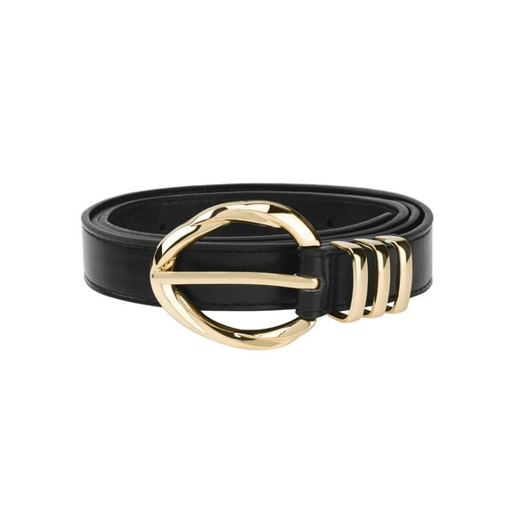 Women's Fashion PU Leather Belts Skinny Thin Waistband with Gold Buckle for Jeans Pants Shirts Black One Size