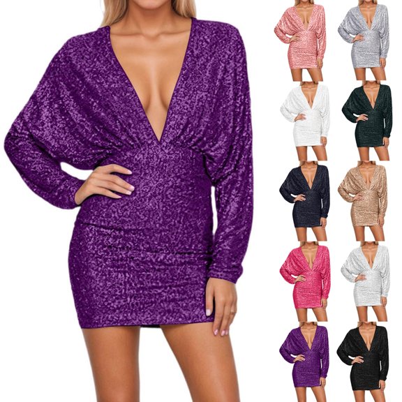 Women's Fashion Party Solid Color V-Neck Long Sleeve Slim Fit Sequin Pleated Backless Hip Dress for Evening Events and Spring Autumn Gatherings,Champagne,L