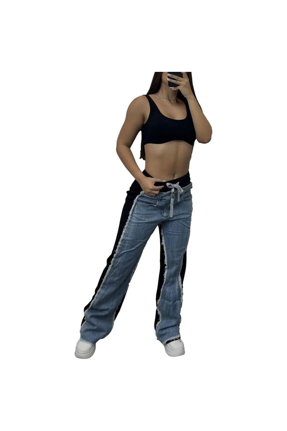 Women's Fashion Patchwork Denim Pants With Elastic Waistband Designer Wide Leg Pants for Women Woman High Waist Pants Size Denim Mod Mom Jean Pants for Women High Waist Women Pants No Kvetching Jean