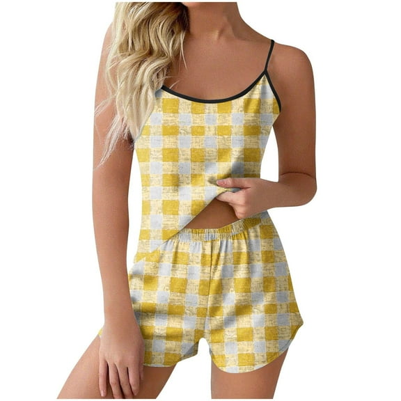 Women’s Fashion Plaid Cami & Shorts Pajama Set – Spaghetti Strap Sleepwear with Wavy Edges (Slim Fit Plaid Print Lounge Set for Casual Occasions)