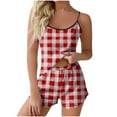 thumbnail image 1 of Women’s Fashion Plaid Cami & Shorts Pajama Set – Spaghetti Strap Sleepwear with Wavy Edges (Slim Fit Plaid Print Lounge Set for Casual Occasions), 1 of 5