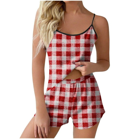 Women’s Fashion Plaid Cami & Shorts Pajama Set – Spaghetti Strap Sleepwear with Wavy Edges (Slim Fit Plaid Print Lounge Set for Casual Occasions)