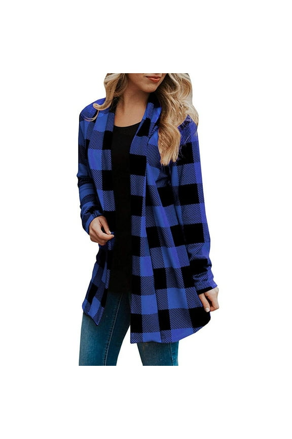 Women's Fashion Plaid Cardigans Long Sleeve Open Front Knitted Sweater Coat Loose Outwear Buffalo Plaid Lightweight Shirts